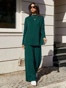 EURMUSE 女士休闲通勤纯色毛衣和针织裤两件套 - 墨綠色 - 查看 5