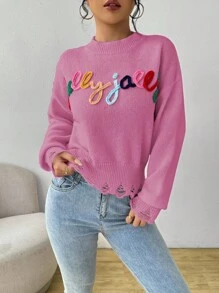 Chiquease Women's Autumn 3D Letter Dropped Shoulder Long Sleeve Loose Casual Sweater Fall Winter Cloth For Women - Pink - View 3