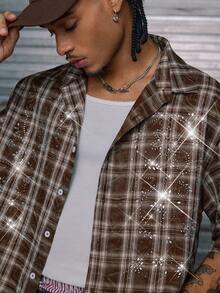 AXEPEAK Áo sơ mi nam tay ngắn cài nút phía trước họa tiết kẻ caro đính đá thường ngày, mùa hè - Cà phê nâu - Xem 4
