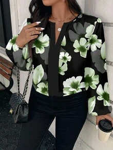 Reflora 加大码花卉印花长袖休闲衬衫，适合春秋季节 - 黑色 - 查看 6