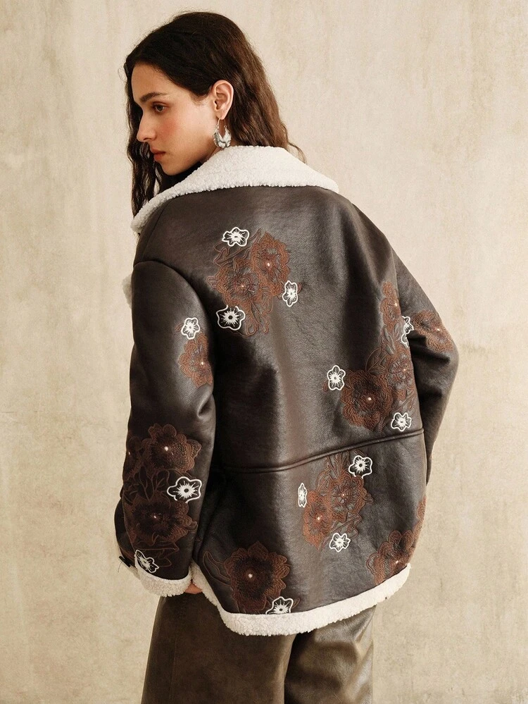 Jaqueta de Fleece Bordada Vintage Feminina, Outono/Inverno