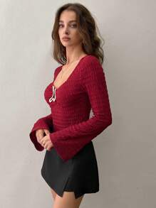 SHEIN Unity Y2K Sexy Decorative Button Flare Sleeve Versatile Commuter Top Fall Cloth For Women - Burgundy - View 4