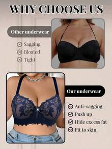 SHEIN Sutien cu sârmă brodată pentru mărimi mari - Albastru - Vizualizare 3
