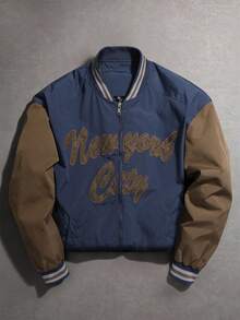 Aesthetic Post 男士撞色拼接拉链前开合休闲百搭户外风衣夹克男士运动夹克字母夹克棒球夹克男士飞行员夹克纽约城运动夹克，秋季 - 寶藍色 - 查看 1