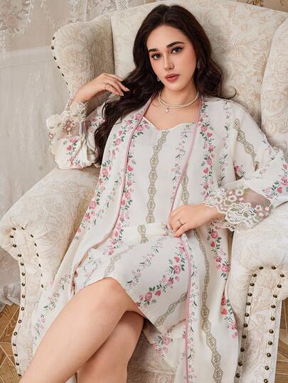 CottageSlumber 加大码复古碎花长袍和碎花吊带裙套装，刺绣边饰超长吊带裙长袍，奶油色，秋季服装