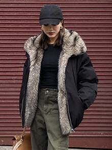 DAZY Women's Fur Collar Patchwork Padded Coat, Autumn/Winter Jacket Y2k - Black - View 4