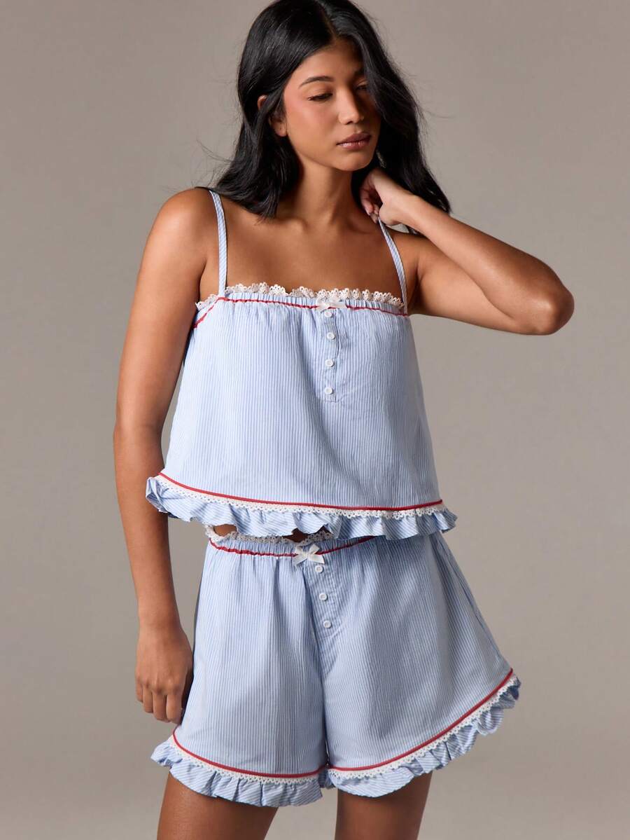 AiiRZ 女士睡衣上衣条纹印花荷叶边无袖睡衣夏季家居服吊带睡衣背心带蕾丝细节纽扣 - 彩色 - 查看 1