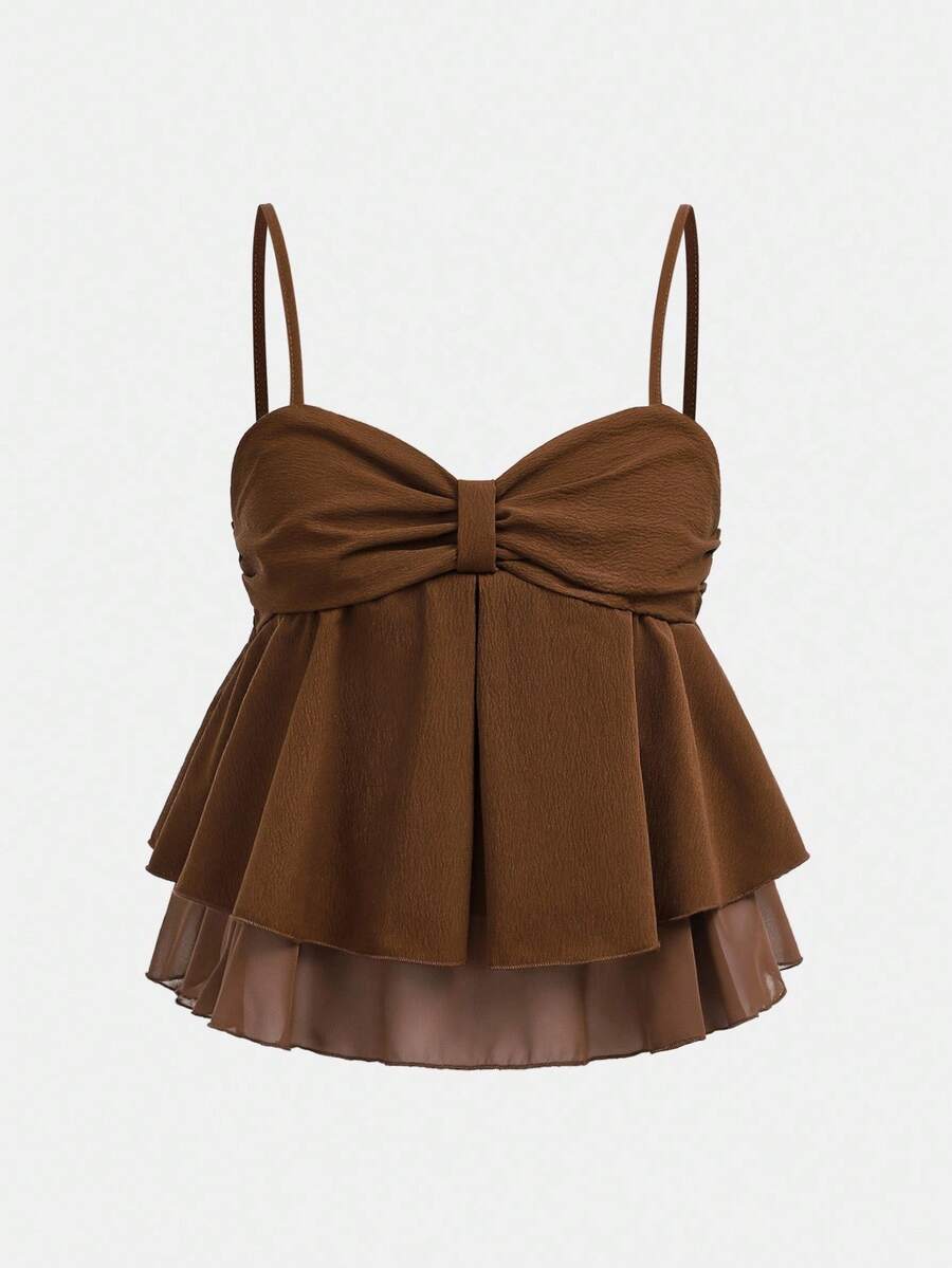 Girlism Áo hai dây xếp ly màu nâu ngọt ngào mùa hè dành cho thiếu nữ, áo crop top mùa hè, áo nơ màu nâu, áo dễ thương, áo babydoll, áo nâu, áo nữ, áo hai dây màu nâu - màu nâu - Xem 1