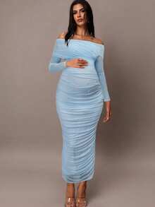 MaterniChic Women's Elegant Light Blue Open Shoulder Pearl Ruched Slim Fit Maternity Maxi Dress,Summer Pregnant Photoshoot Dress,Bump Friendly Bodycon,Maternity - Blue - View 4