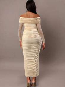 MaterniChic Vestido largo elegante de maternidad blanco con hombros abiertos, decorado con perlas y drapeado, ajustado, romántico para fiesta, cita o Día de San Valentín, vestidos de verano para mujeres, maternidad