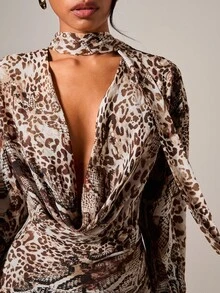 COSMINA Women's Elegant Asymmetrical Leopard Print Plunging Neck Mini Dress, Autumn/Winter - Multicolor - View 7