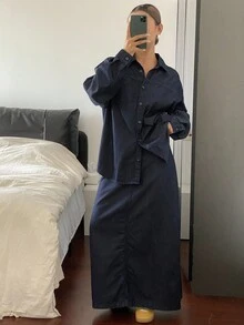 Livesso 秋冬新款宽松休闲都市风女牛仔两件套 - 藍色 - 查看 1