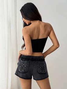 SHEIN PETITE Quần short giặt họa tiết ngôi sao cạp chun thường ngày cho nữ, mùa hè - màu đen - Xem 3