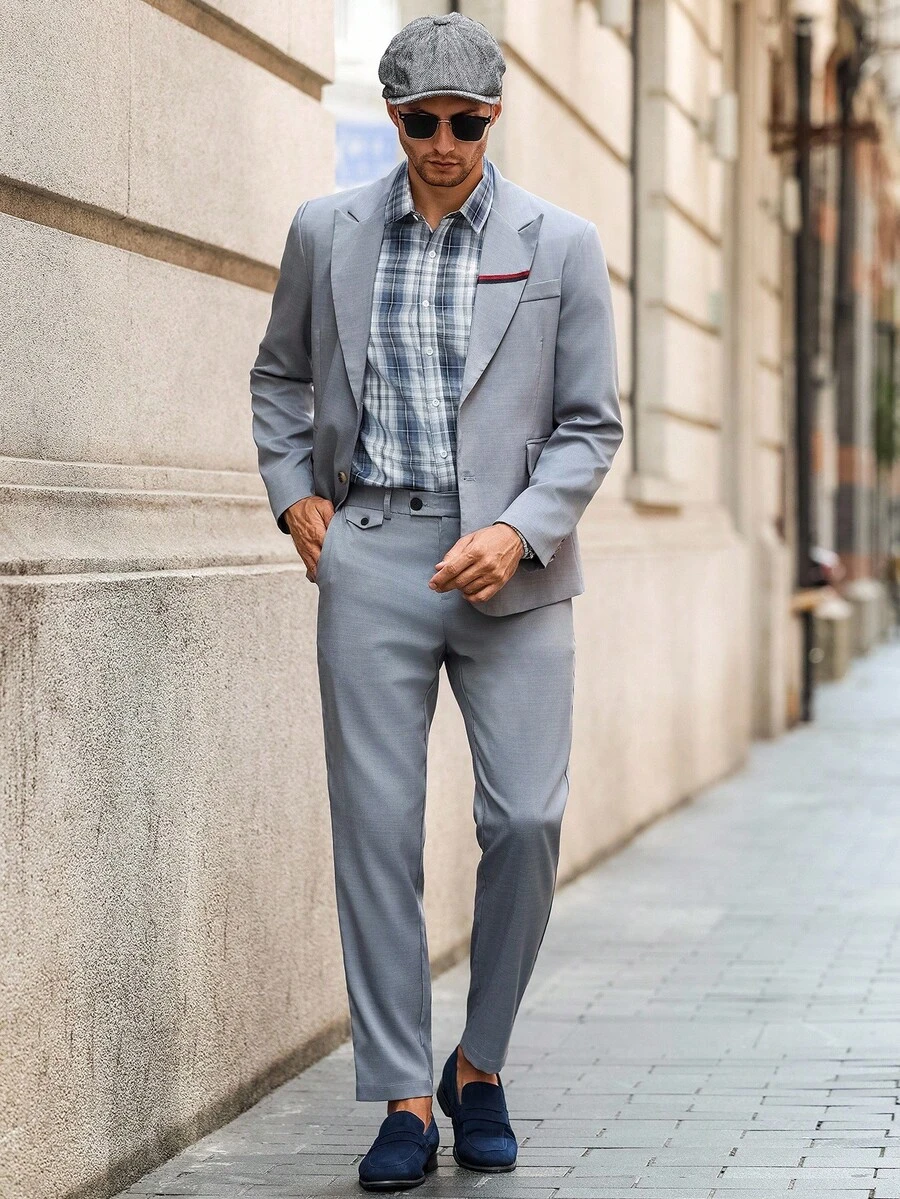 Manfinity Bizformal Men's Light Blue Summer Business Casual Office Suit Set,2 Pieces Slim Fit Lapel Blazer And Pants,Commute & Outdoor Essential Gift For Boyfriend - Grey - View 1