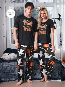 CoupledUp 男士卡通针织印花万圣节南瓜、蝙蝠、鬼魂短袖 T 恤和裤子休闲睡衣套装 - 黑色 - 查看 4