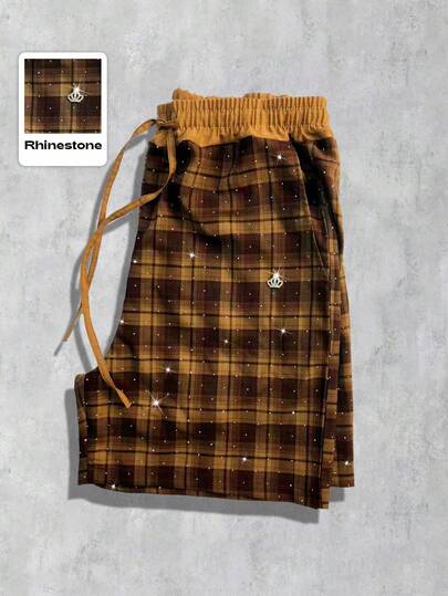 Street Life Pantaloncini da uomo in tessuto a quadri con vita con coulisse e tasche, decorati con strass