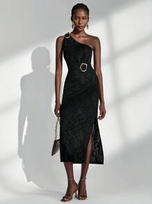 Almamuse Black Textured Vintage Elegant One Shoulder Dress, Metal Asymmetric Decor Button, Fitted Slit Cut, Women Long Dress