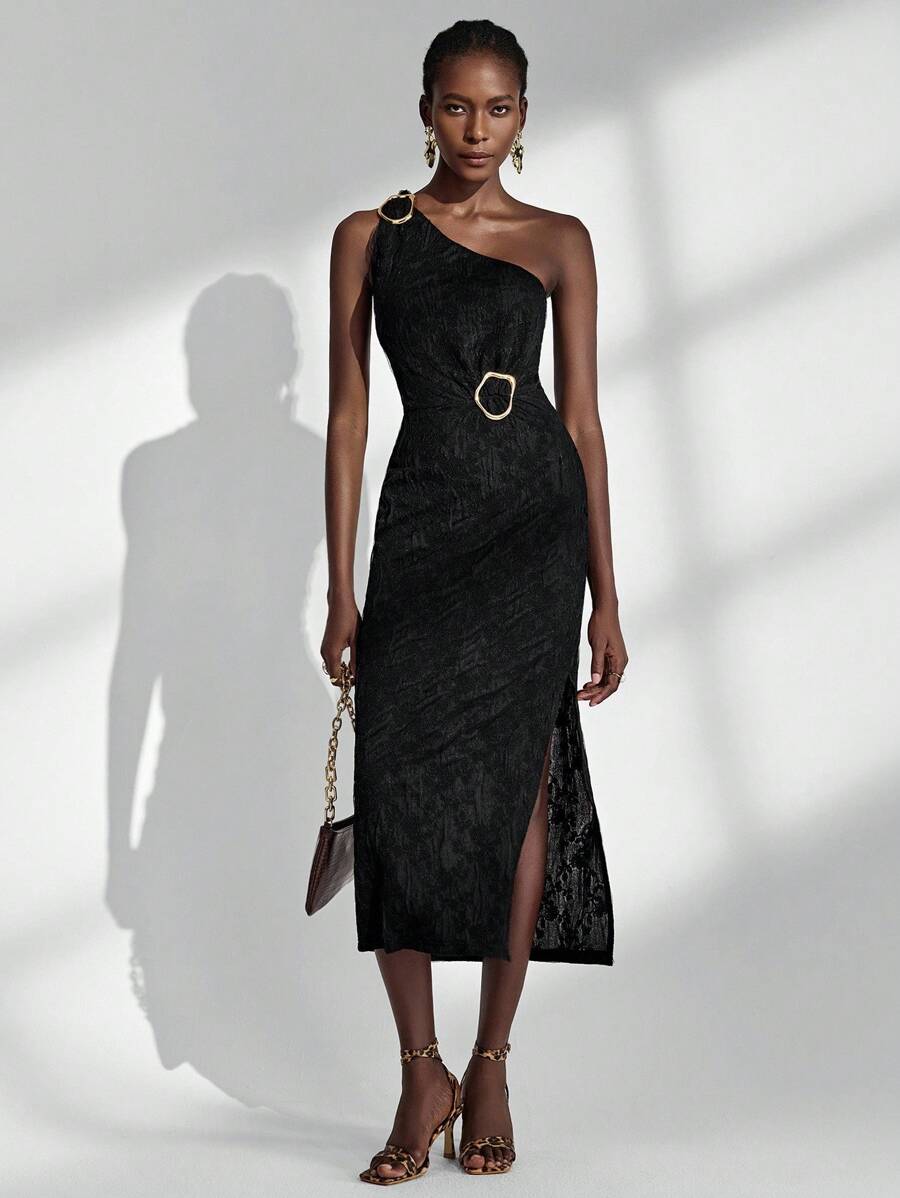 Almamuse Black Textured Vintage Elegant One Shoulder Dress, Metal Asymmetric Decor Button, Fitted Slit Cut, Women Long Dress