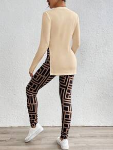SHEIN Essnce Women's 2pcs Casual Bear Print Side Slit Long Sleeve Top & Geometric Print Leggings Set,Beige,Autumn,Cute,Everyday Fall Lounge Outfits Two Piece Set - Apricot - View 4