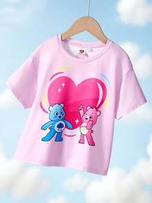 SHEIN X Care Bears 少女卡通熊图案圆领宽松休闲短袖针织T恤夏季 - 粉色 - 查看 3