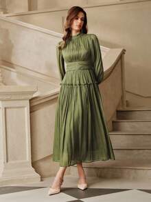 Savoree Unique Shiny Fabric Puff Sleeve Waist Patchwork Maxi High Waist Dress - Olive Green - View 3