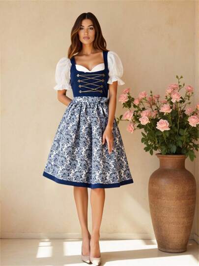 Fairmaia Traditional German Women Floral Embroidered Hem Sleeveless Dress German Traditional Women Floral Square Neck Sleeveless Dirndl Dress, For Oktober Dirndl, Halloween