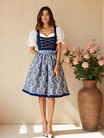 Fairmaia Traditional German Women Floral Embroidered Hem Sleeveless Dress German Traditional Women Floral Square Neck Sleeveless Dirndl Dress, For Oktober Dirndl, Halloween
