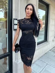 Carolina Barros 女士小聚派對夏季白色簡約優雅蕾絲迷你連衣裙，帶空心腰身設計，適合婚禮季節 - 黑色 - 查看 6