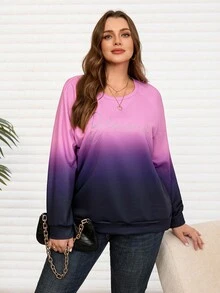 EMERY ROSE Plus Size Women Casual Everyday Rhinestone Letter Gradient Pullover Sweatshirt, Spring/Autumn Ombre Sweatshirt, Winter For Women, Christmas, Elegant Party - Multicolor - View 5