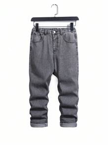 2 件套青少年男童时尚蓝黑牛仔布拼接连帽牛仔夹克 + 黑色牛仔紧身裤套装