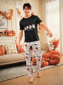 Bộ đồ ngủ nam tay ngắn in hình ma và quần dài, Halloween - Nhiều màu - Xem 3