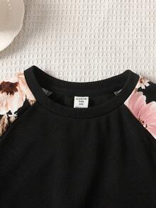 SHEIN 女孩运动街头时尚针织圆领长袖运动衫 - 黑色 - 查看 4