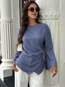 Selianne 女士休闲日常简约纯色落肩宽松喇叭袖褶裥腰部不对称下摆衬衫，春秋季女装 - 藍色 - 查看 6