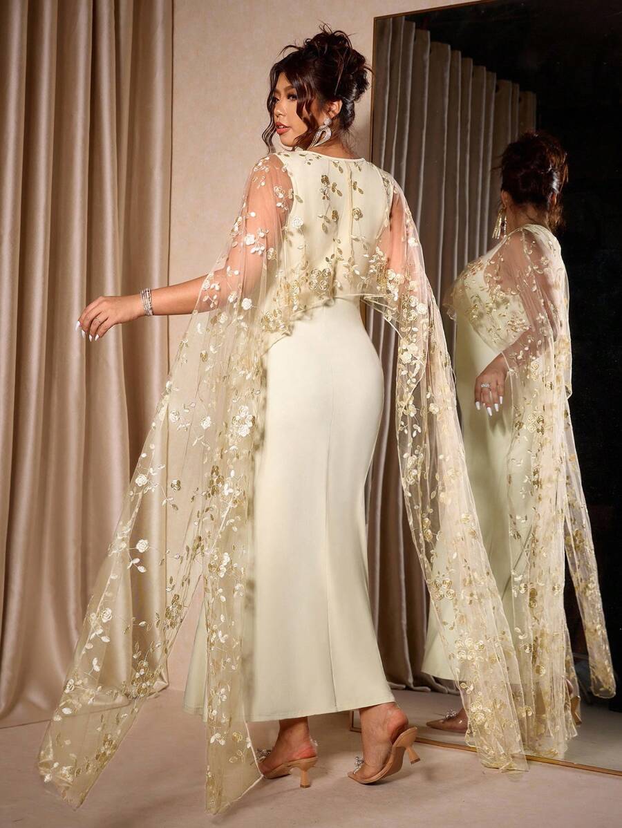 Cravure Plus Size Women's Round Neck Cinched Waist Mesh Bodycon Dress, Flattering Fit, Versatile Fashion, Suitable For Daily Wear, Parties, And Special Occasions