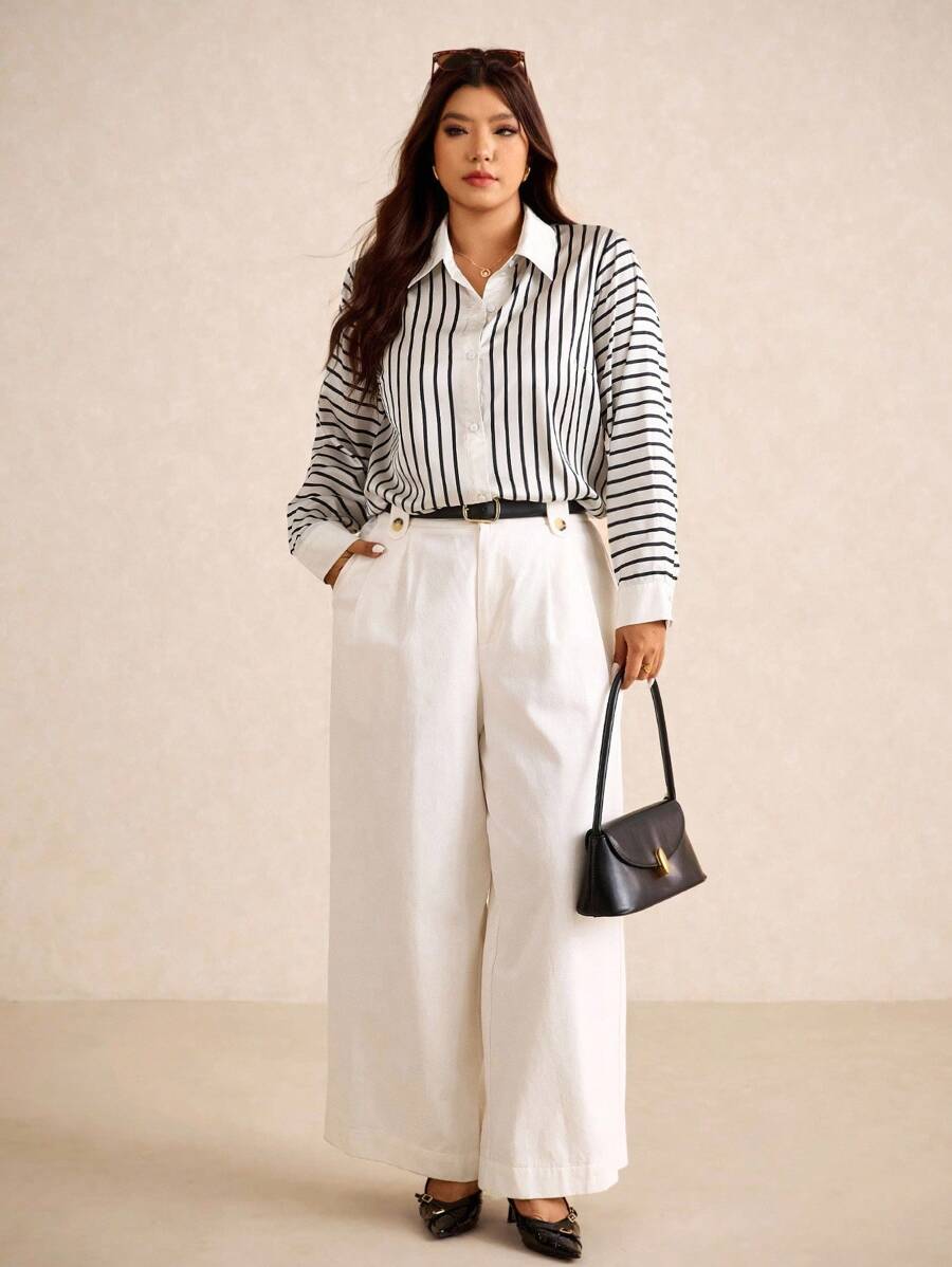 Elaquor Plus Size Striped Print Button Front Casual Long Sleeve Shirt - Black and White - View 1