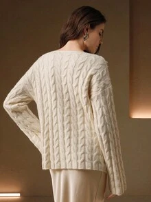 Anewsta Women's Autumn High-End White Beaded Sweater, Loose Mid-Length Knitted Cable Knit Pullover Top, Suitable For Winter - Beige - View 2