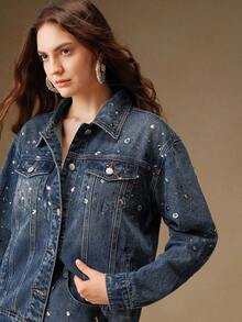 Anewsta Fashionable Rhinestone Embellished Denim Jacket For Women, Blue - Blue - View 5