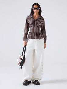 LYSMO LYSMO 2025 Nuevas llegadas de otoño Camisa de cintura a rayas casual/informal para mujer / Camisa con cintura / Corbata / Bordado / Divertido / Años 2000 / Lindo / Bohemio / Vacaciones / Casual de negocios para mujer / Estilo de hada / Ropa de fiesta / Ropa de aeropuerto / Blusas / Ropa formal / Ropa de vacaciones / Lindo / Estilo occidental / Estilo campestre / Pionero / Estilo minimalista / Camisas divertidas / Camisas para el otoño Blusa marrón