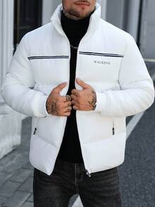 Manfinity CasualCool 男士长袖字母条纹拉链休闲冬季羽绒服，白色外套，秋季 - 白色 - 查看 3