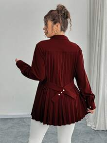 Elenzga Áo cánh xếp ly eo màu đen thanh lịch cho trang phục công sở, mùa thu/đông - Màu Đỏ Sâu - Xem 8