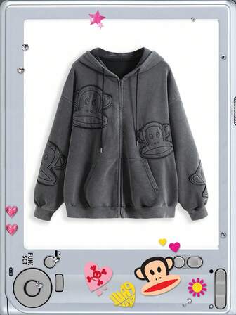 Paul Frank X ROMWE Felpa con chiusura lampo oversize, stile vintage lavato, con ricamo, stile subcultura di strada, per donne, stile Kpop