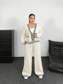 POPSWAY Autumn/Winter New Minimalist Versatile Faux Pocket Cardigan Long Sleeve Top And Pants Knit Suit Set Fall Cloth For Women - Apricot - View 7