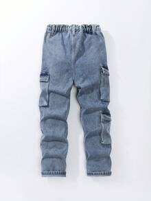 Tween Boy 休闲松紧腰多口袋浅色水洗蓝色直筒工装牛仔裤，百搭 - 淺色水洗藍 - 查看 7