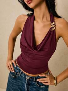 Poéselle Atasan Camisole Tanpa Punggung Model Halter Warna Polos Seksi untuk Wanita, Atasan Merah Musim Panas - Burgundy - View 2