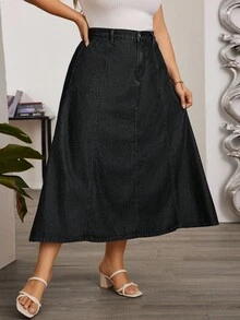EMERY ROSE Plus Size Women Solid Color Washed Denim Skirt, Autumn/Winter - Dark Grey - View 6