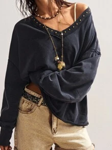 Bohemela 秋冬女士休闲纯色V领长袖宽松运动衫 - 黑色 - 查看 6