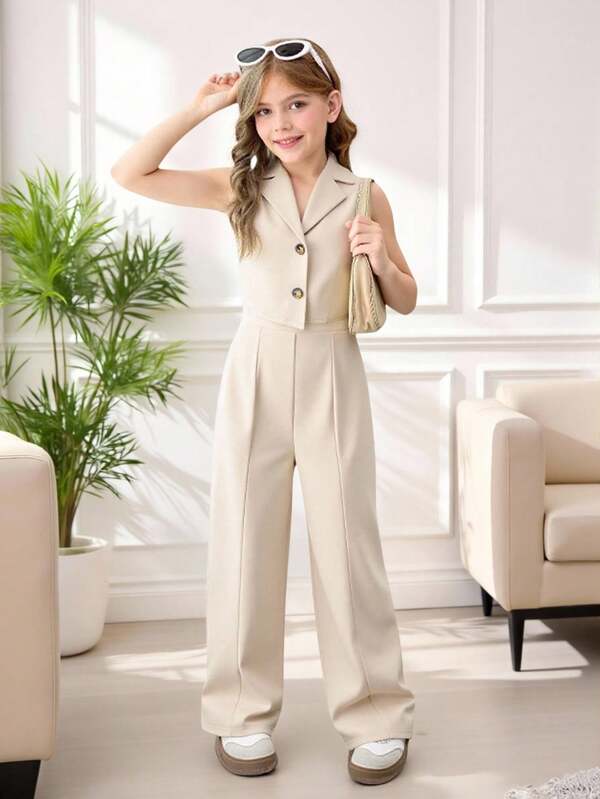 SHEIN Set de 2 piezas con chaleco de solapa y botones simples de unicolor y pantalones para niña preadolescente