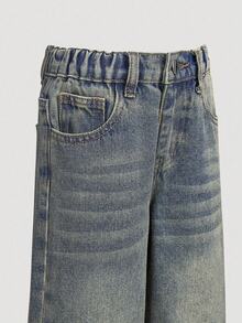 Young Boy Retro Washed Loose Straight Leg Jeans, Fashionable Streetwear, Versatile For Outdoor, Indoor Casual Wear Chic Outfits For Autumn/Winter
