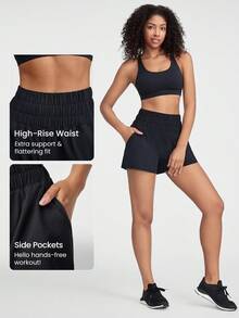 GLOWMODE 3" VitalSwift Ultra-Light Smocked High-Waist Loose Shorts With Side Pockets Low Impact Daily Casual Quick Dry Moisture Wicking - Black - View 3