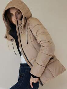 Aveloria Modichic 全新女式短款泡泡袖修身休闲经典夹棉大衣 - 卡其色 - 查看 2